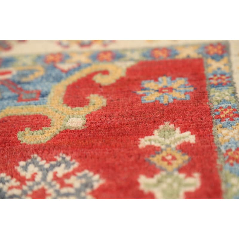 Geometric Red Kazak Oriental Foyer Rug Hand-Knotted Wool Carpet - 2'0" x 3'0"