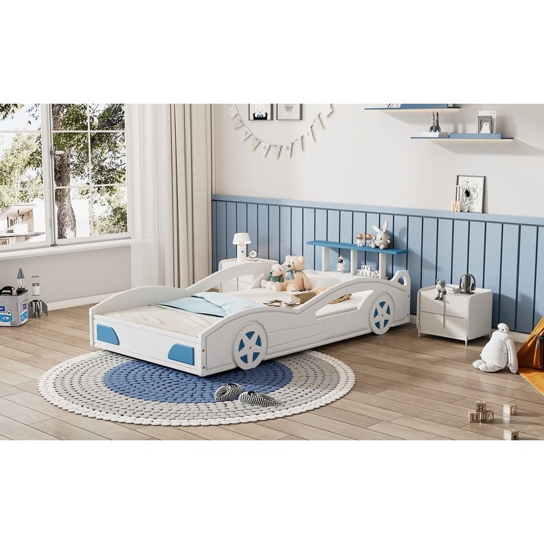 Car-Shaped Twin Size Wooden Platform Bed with Wheels