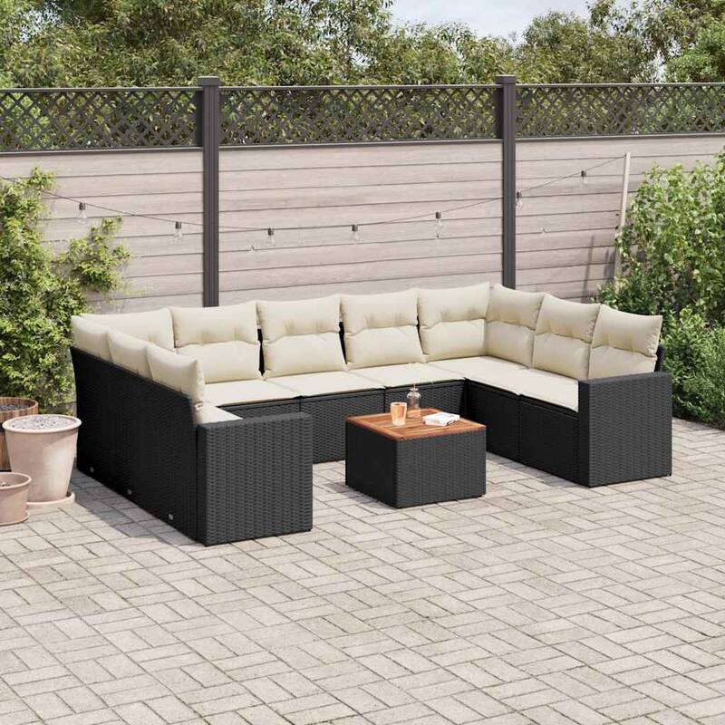 vidaXL Patio Sofa Set with Cushions Outdoor Furniture 10 Piece Poly Rattan - 24.4 x 25.8 x 27.2 - Black and Cream