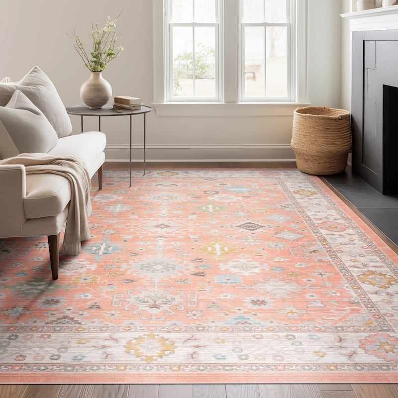 Crosswood Ellen Traditional Floral Indoor Polyester Area Rug - 7'10'' x 9'4'' - Salmon/Aqua