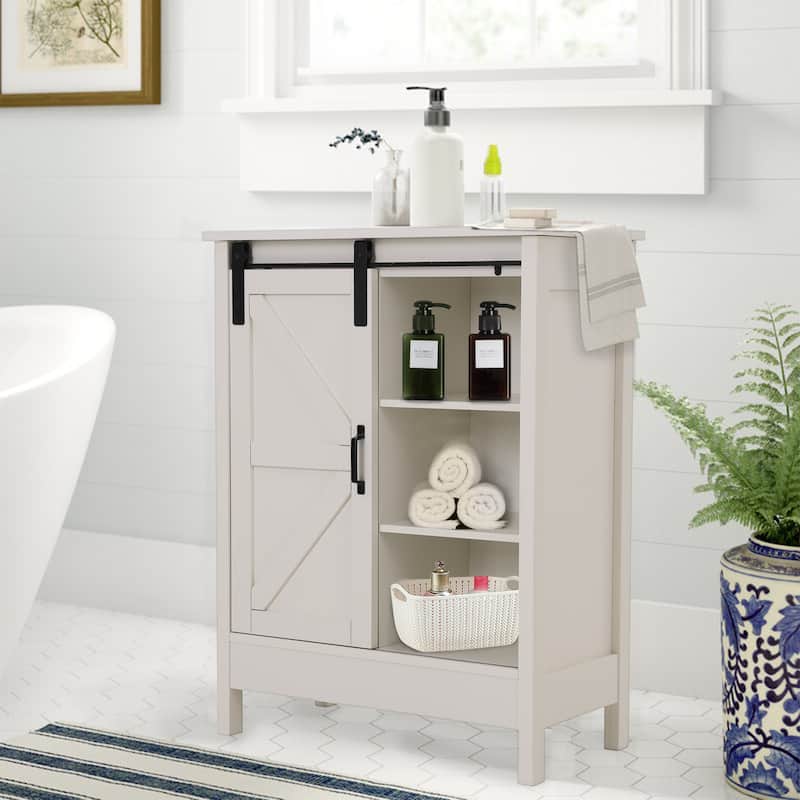 Farmhouse Floor Bathroom Storage Cabinet with Sliding Barn Door - Painted - Lvory