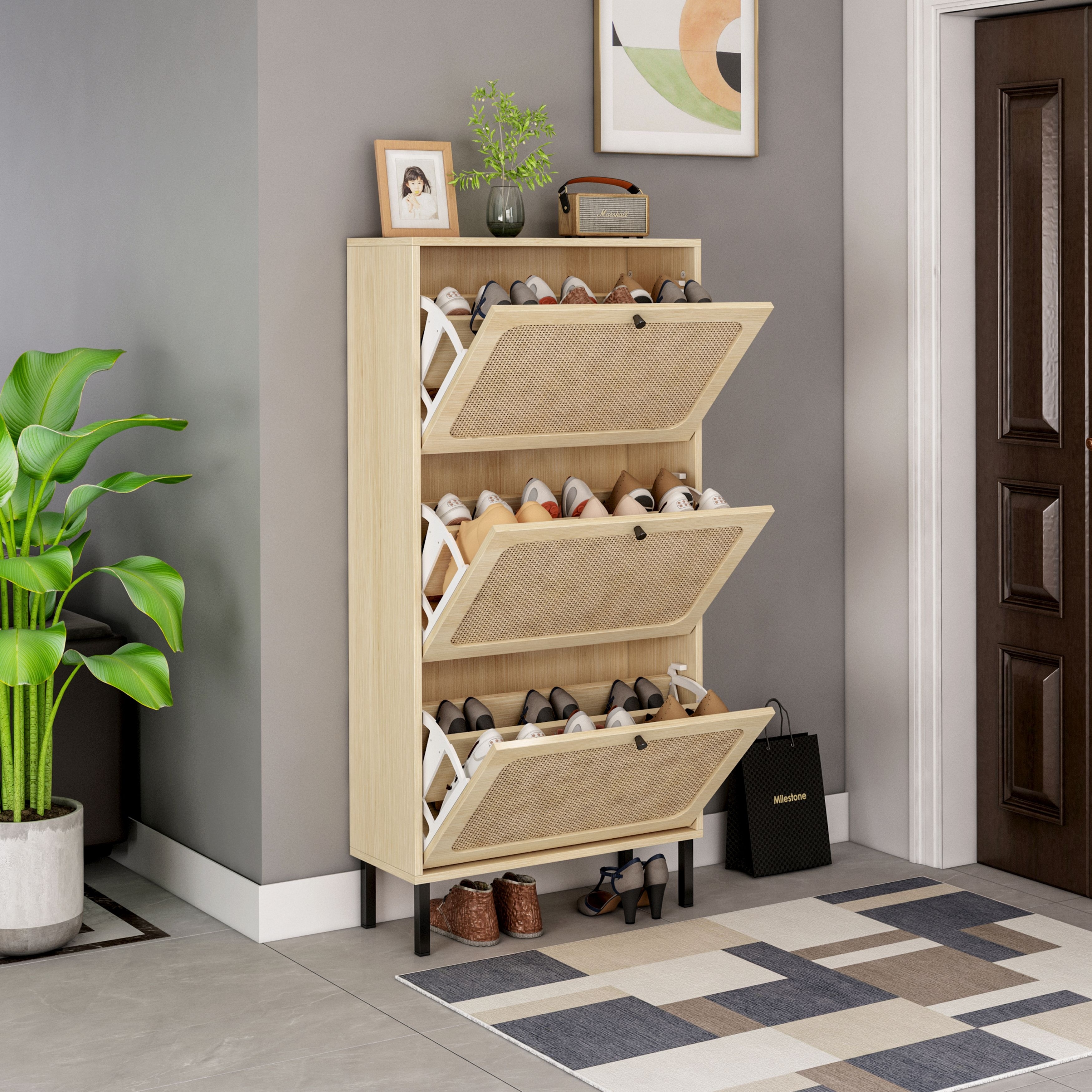 Wooden Shoe Cabinet, Freestanding Shoe Rack with 3 Flip Drawers & 5 shelves