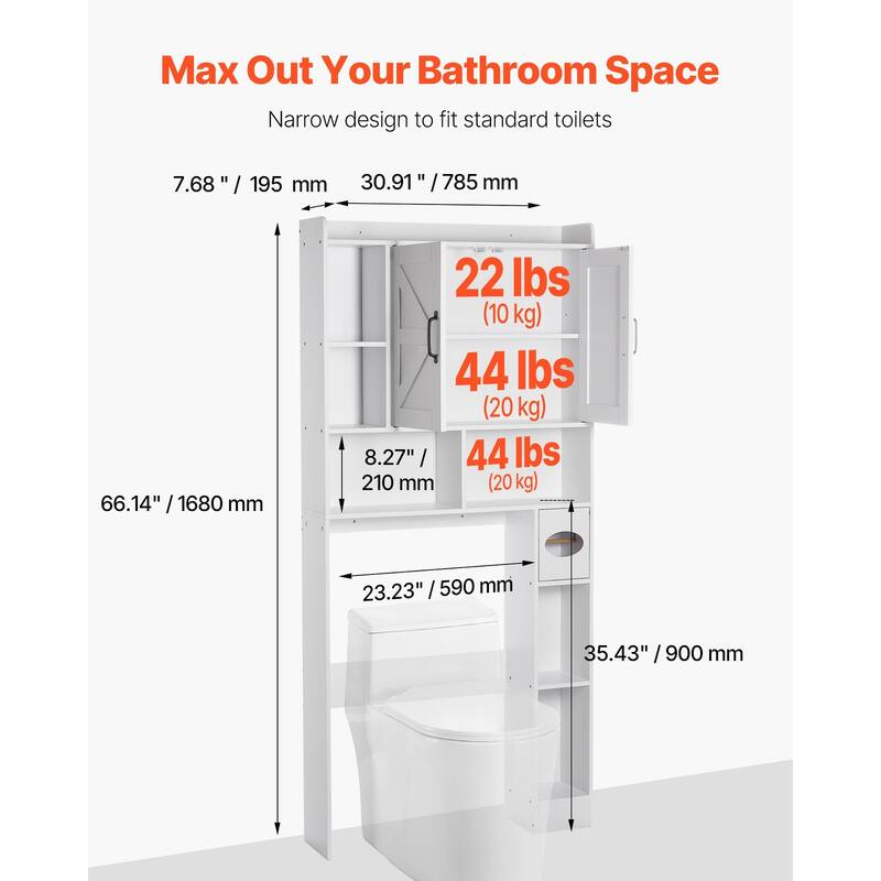 White Particle Board MDF Over Toilet Storage Cabinet with 4-Tier Adjustable Shelves and Anti-Tip - 30.91 x 7.68 x 66.14 in