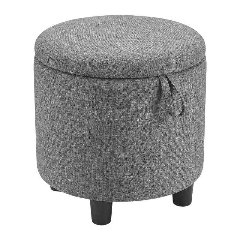 Gymax Round Storage Ottoman Linen Fabric Upholstered Footrest Stool w/ - Grey