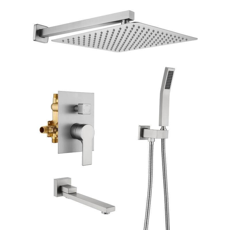 Wall Mount Tub Shower Faucet With Hand Shower Pressure Balance Shower System With Tub Spout 12 Inch Rainfall Shower Head Sets - Brushed Nickel