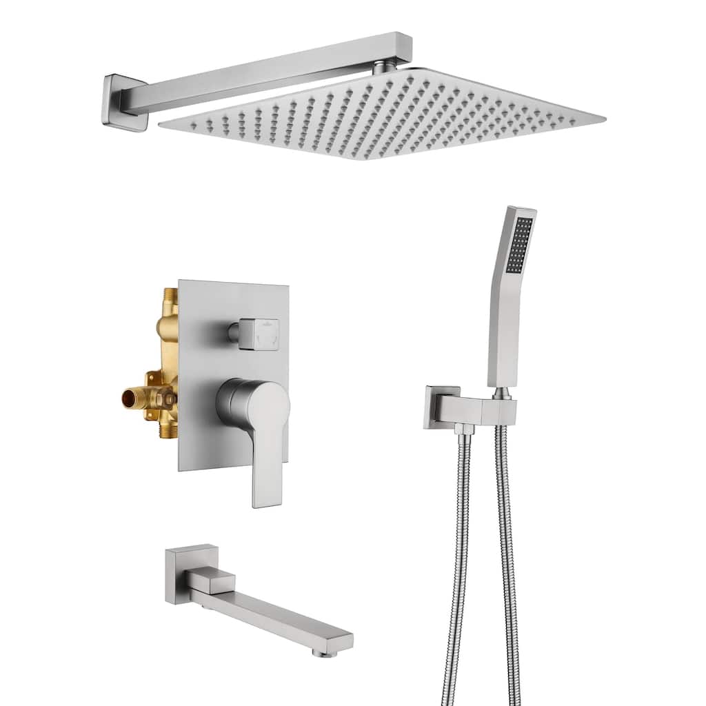 Wall Mount Tub Shower Faucet With Hand Shower Pressure Balance Shower System With Tub Spout 12 Inch Rainfall Shower Head Sets