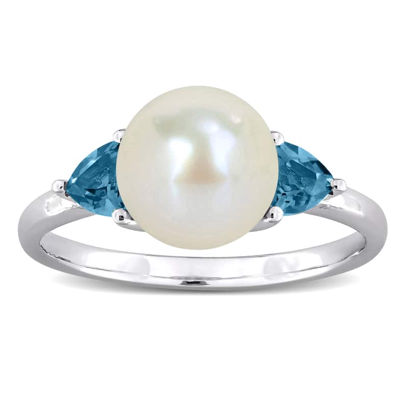 Miadora 8-8.5mm Cultured Freshwater Pearl 5/8ct TGW London Blue Topaz Ring 10k White Gold