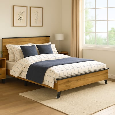 Wemy King Size Bed, Tall Panel Headboard, Natural Brown Pine Finish
