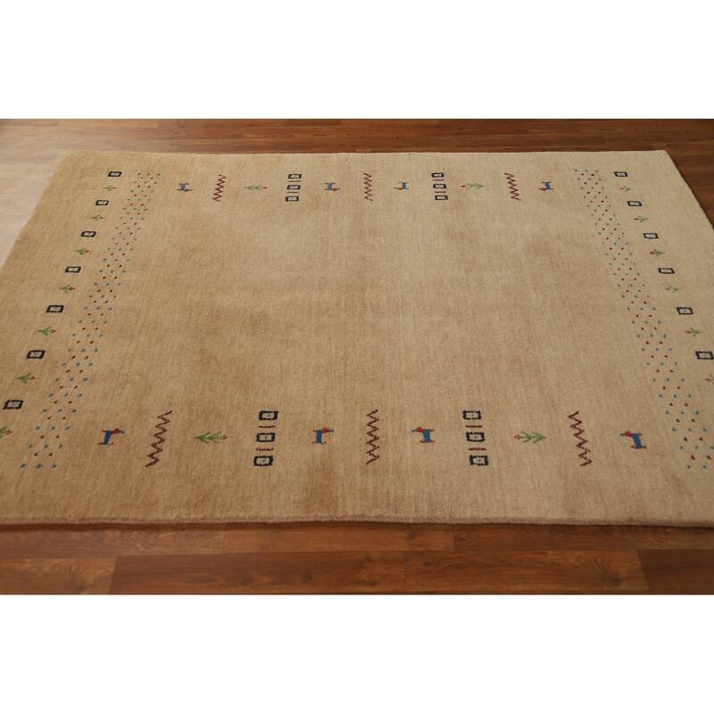 Tribal Gold Gabbeh Oriental Area Rug Hand-Knotted Modern Wool Carpet - 4'8" x 6'6"