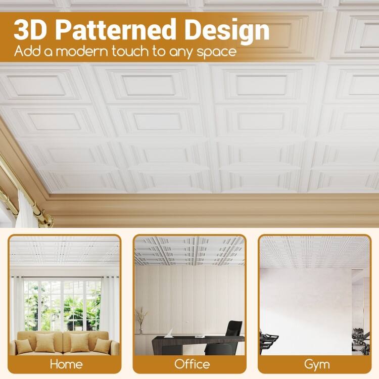 White PVC 3D Drop Ceiling Tiles 12-Pack 24"x24" for DIY Walls and Ceilings