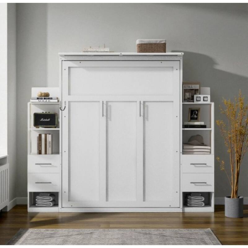 Queen Size Murphy Wall Bed with Shelves, Drawers and LED Lights, Space-Saving Foldable Bed for Guest Room or Home Office - White - Queen