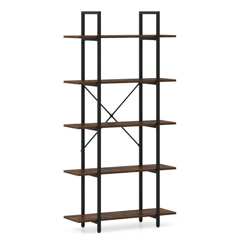 Rustic Brown Engineered Wood and Black Metal 5-Tier Bookcase Tall with Anti-Tip Kits - 31.5" L x 11" W x 62" H