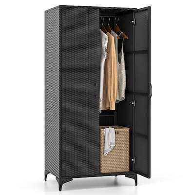 Gymax 62'' Wicker Wardrobe w/ 2 Doors Hanging Rod & 4 Storage Cubes