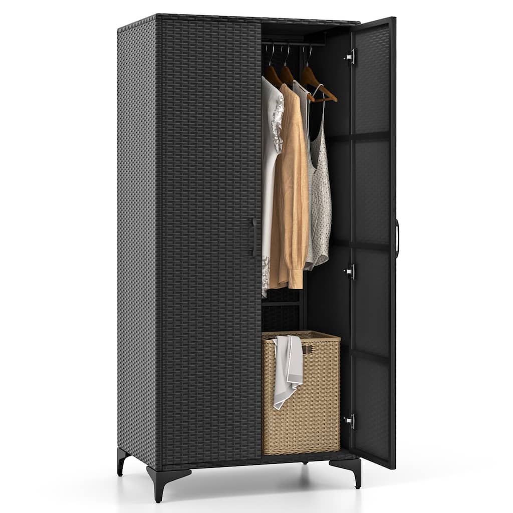 Gymax 62'' Wicker Wardrobe w/ 2 Doors Hanging Rod & 4 Storage Cubes