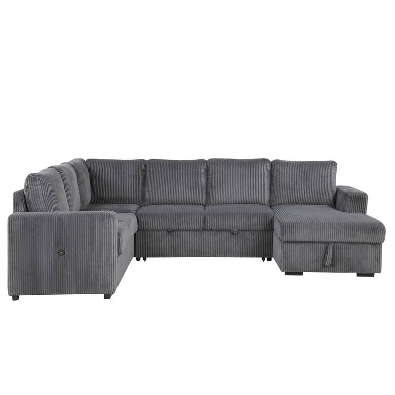 Convertible Sleeper Sofa with Pull Out Bed, 115.6" Oversized U Shaped Sectional Couch with USB Ports and Storage Chaise Lounge