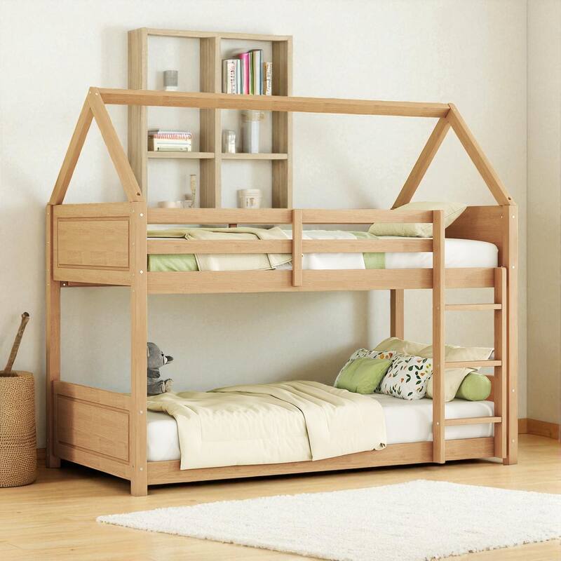 Twin over Twin House Bunk Bed with Roof Frame, Guardrails, Ladder and Headboards, Rubber Wood Kids Floor Bed