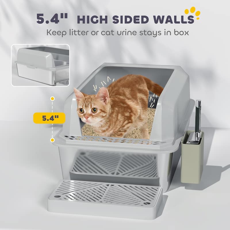 PawHut XL Stainless Steel Litter Box, Metal Litter Box High Sided, Anti-Urine Leakage, Non-Sticky, Light Gray