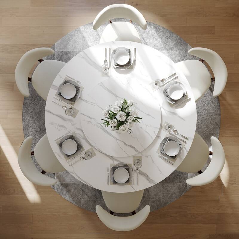 Modern Round Dining Table for Diningroom，White Glossy Stone Tabletop,Bronze Carbon Pedestal