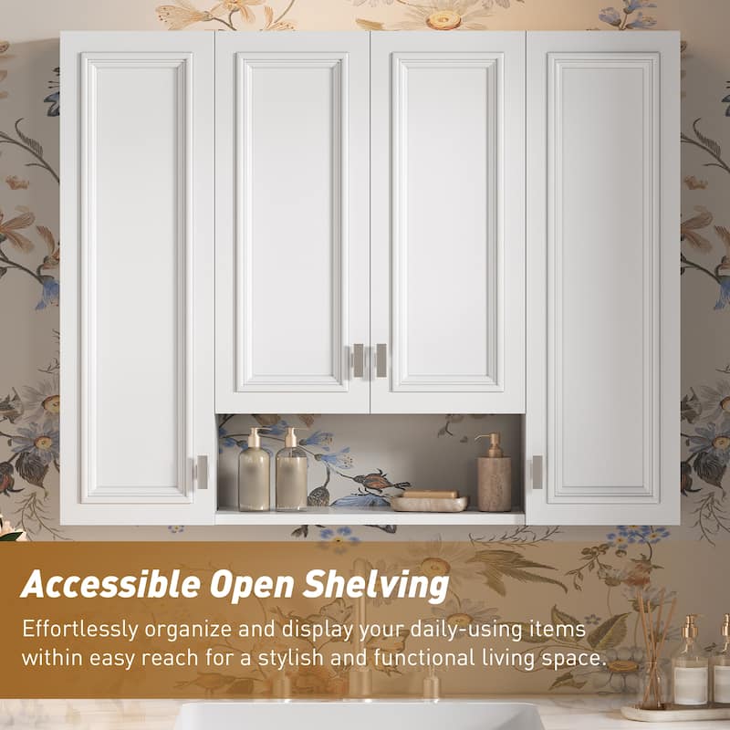 Roomfitters Wall Mounted Medicine Cabinet with 5 Adjustable Shelves, Modern Mirror Storage with Open Shelving, White