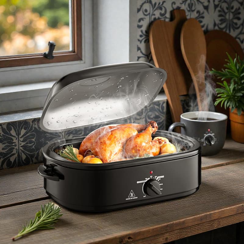18QT Electric Roaster Oven with Self-Basting Lid, Electric Turkey Roaster with Defrost Warm, 1450W