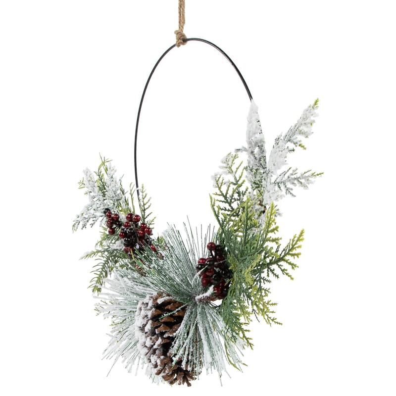 Mixed Foliage Frosted Pinecones Berries Artificial Wreath 16"