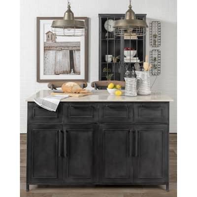 Fieri White Marble Top w/Black Solid Iron Frame Kitchen Island - 58"W x 32"D x 37"H