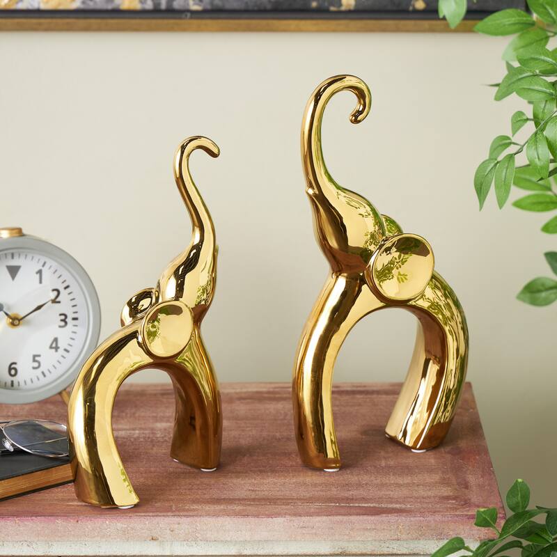 Silver or Gold Ceramic Abstract Arched Cutout Elephant Decorative Sculpture (Set of 2)