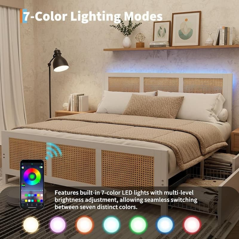 Rattan Bed Frame with Headboard, with 4 Drawers