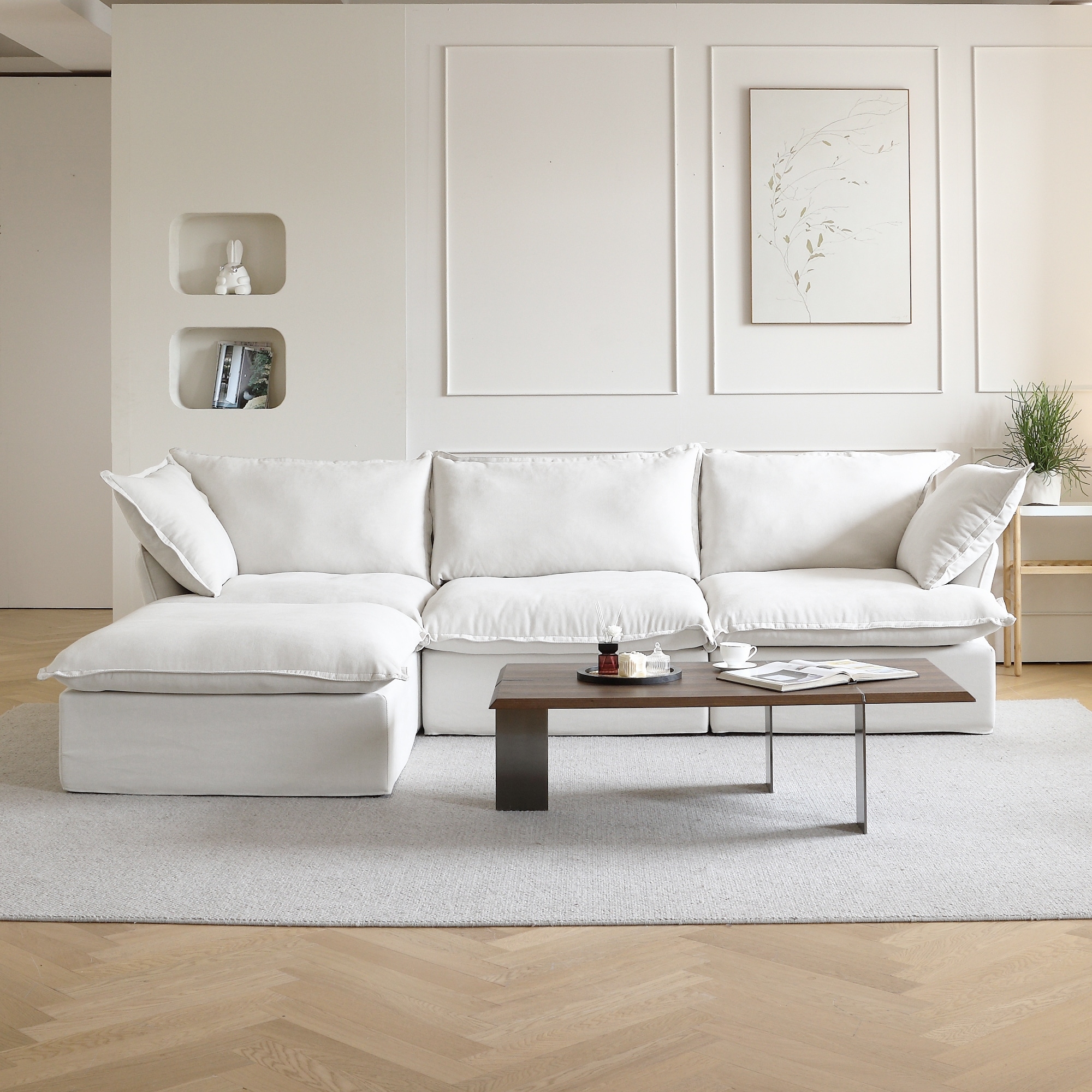 4-Seater Minimalist L Shape Modular Sofa Set Linen Sectional Couch, Removable Sofa Cover, Easy to Install