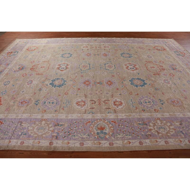 Hand Knotted Oriental 100% Wool Carpet Transitional All-Over Brown Oushak Area Rug - 14' 2'' X 9' 10''