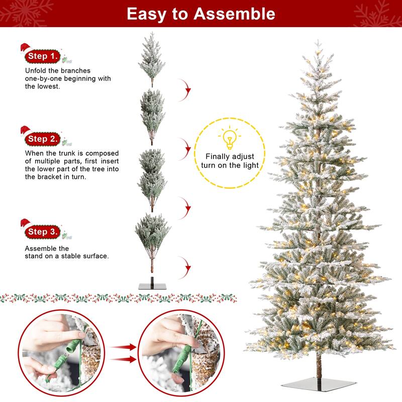 Glitzhome 8FT/10FT Pre-Lit Flocked Fir Artificial Christmas Tree with Warm White Lights
