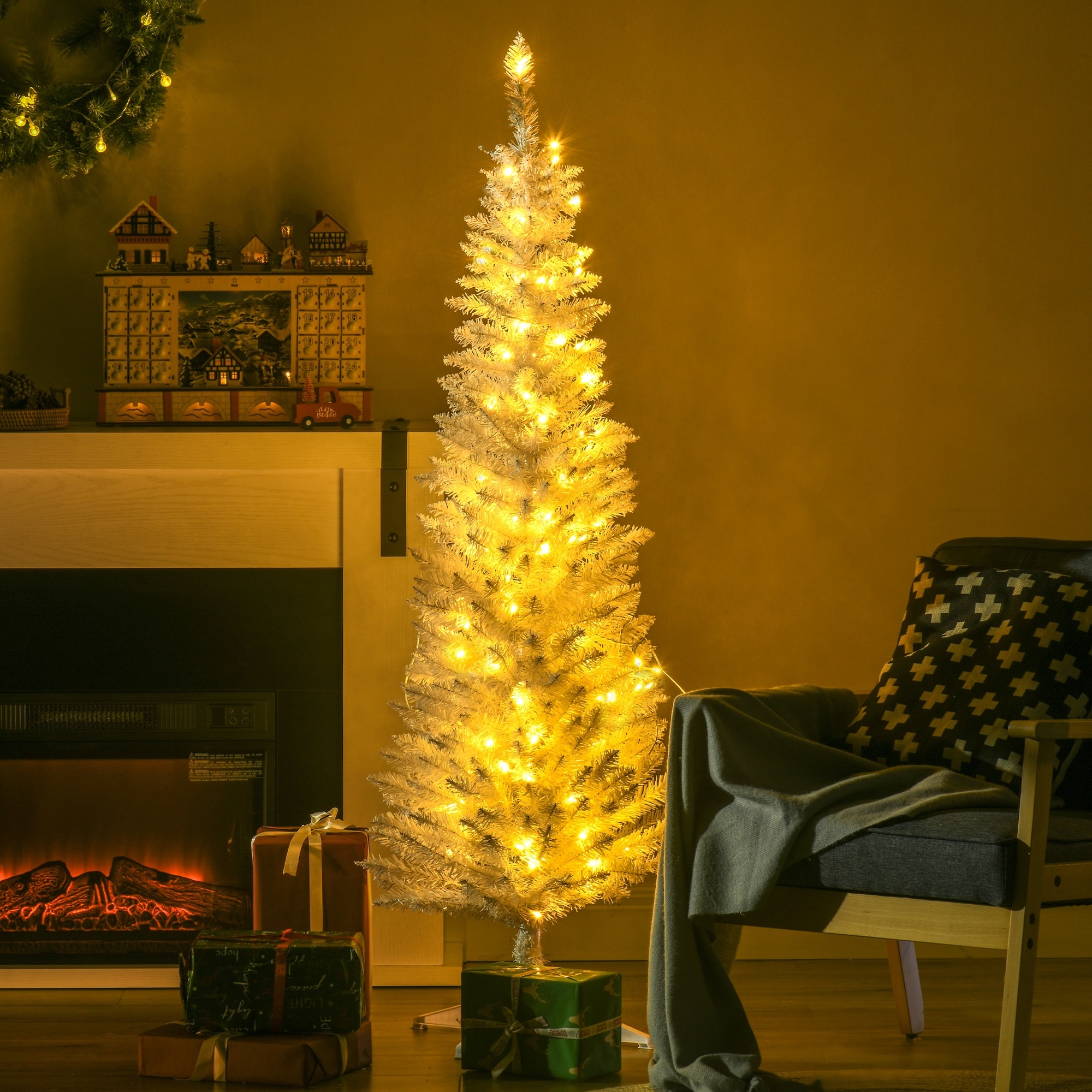 HOMCOM 5' Tall Pre-Lit Slim Noble Fir Artificial Christmas Tree with Realistic Branches, 110 Warm White LED Lights and 294 Tips