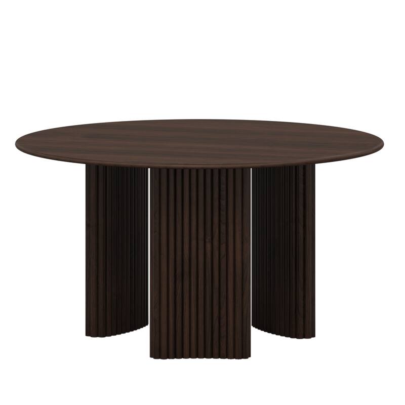 Modern Round Dining Table with Striped Column Legs Solid Wood Kitchen Table Anti-Scratch Footpads