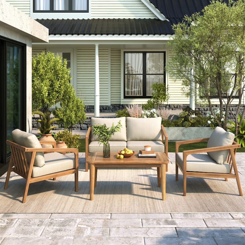 Roomfitters Outdoor Chat Set 4 Piece Acacia Wood Slat Seating Cushioned Club Chairs, Teak Beige
