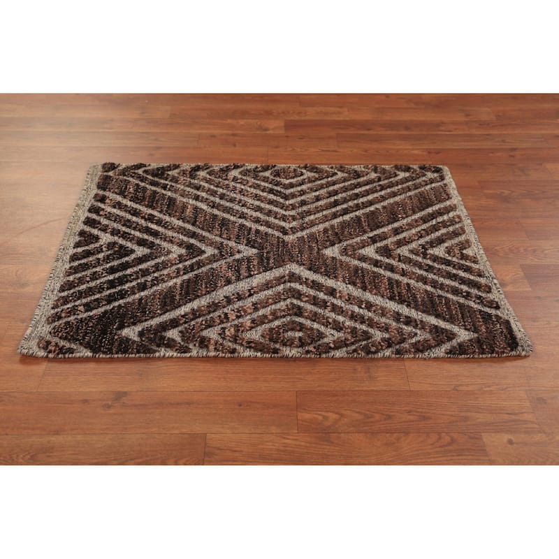 Geometric Moroccan Oriental Foyer Rug Hand-Knotted Brown Wool Carpet - 2'0"x 3'0"