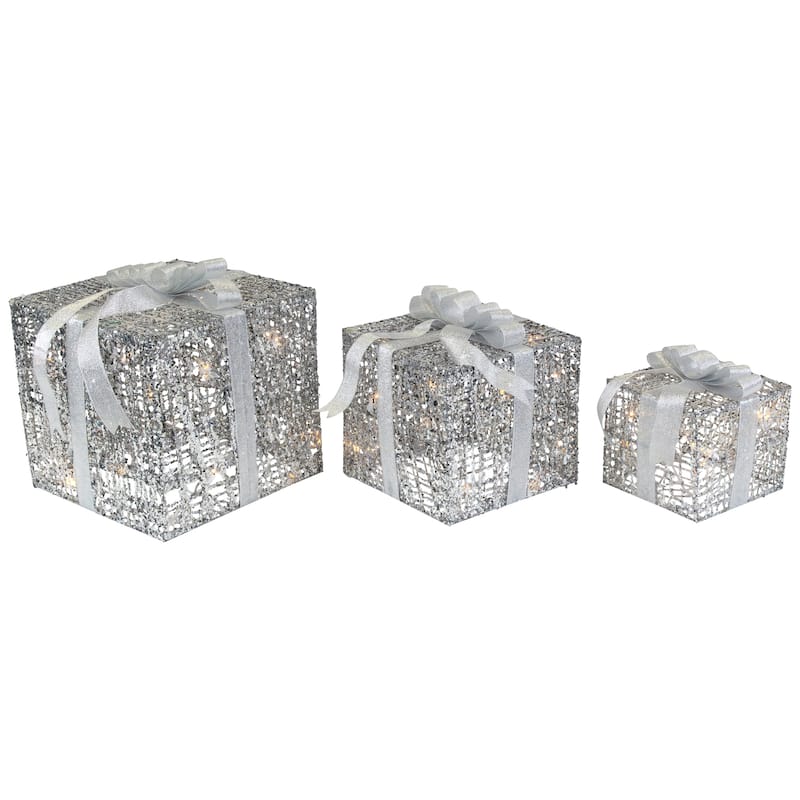 Set of 3 LED Lighted Silver Glitter Threaded Gift Boxes Outdoor Christmas Decoration - 10"