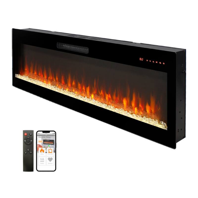 50" Smart WiFi Electric Fireplace, Recessed & Wall-Mount Heater - Antique Black