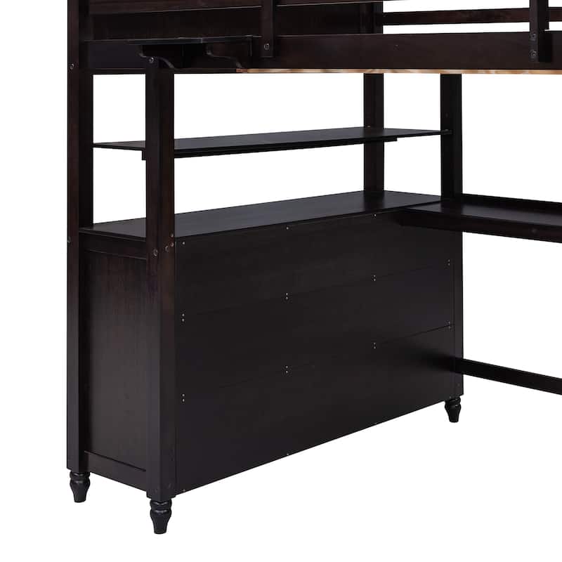 Twin Size Loft Bed Kids Bed Frame Wooden Storage Bed with Desk, Shelves, Pull-out Drawers, Ladder and Guardrail