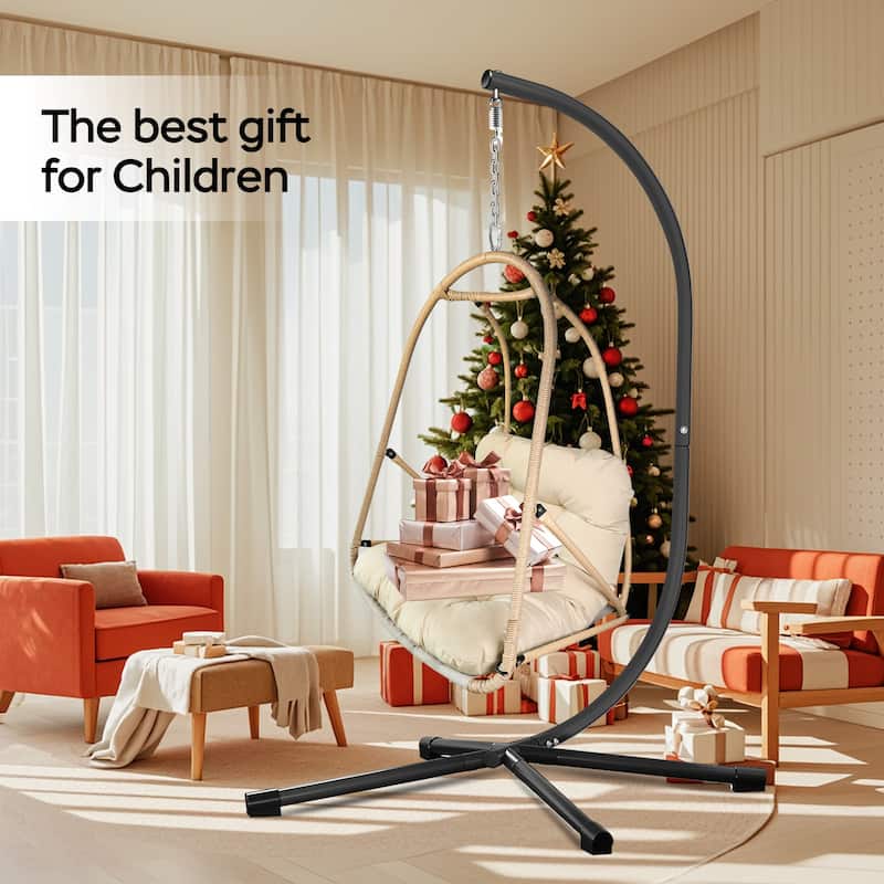 Rossetta Outdoor Wicker Rattan Patio Basket Foldable Hanging Chair with C Type Bracket , Cushion and Pillow