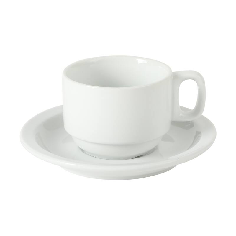 Gibson Home Gracious Dining Cups and Saucers Set of 4, Stackable Coffee Set with Metal Stand for Espresso and Cuppuccino