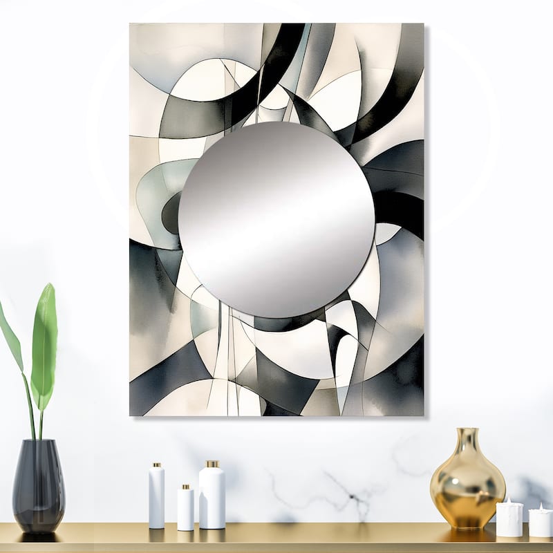 Designart "Abstract Neutral XIII" Modern Geometric Mirror Black - Modern Large Mirror Wall Art For Bathroom - 24 in. wide x 32 in. high