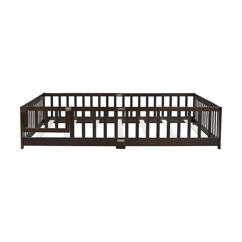 Queen Size Floor Bed with Fence,Door,Rubber Wood Floor Bed with Safety Guardrails