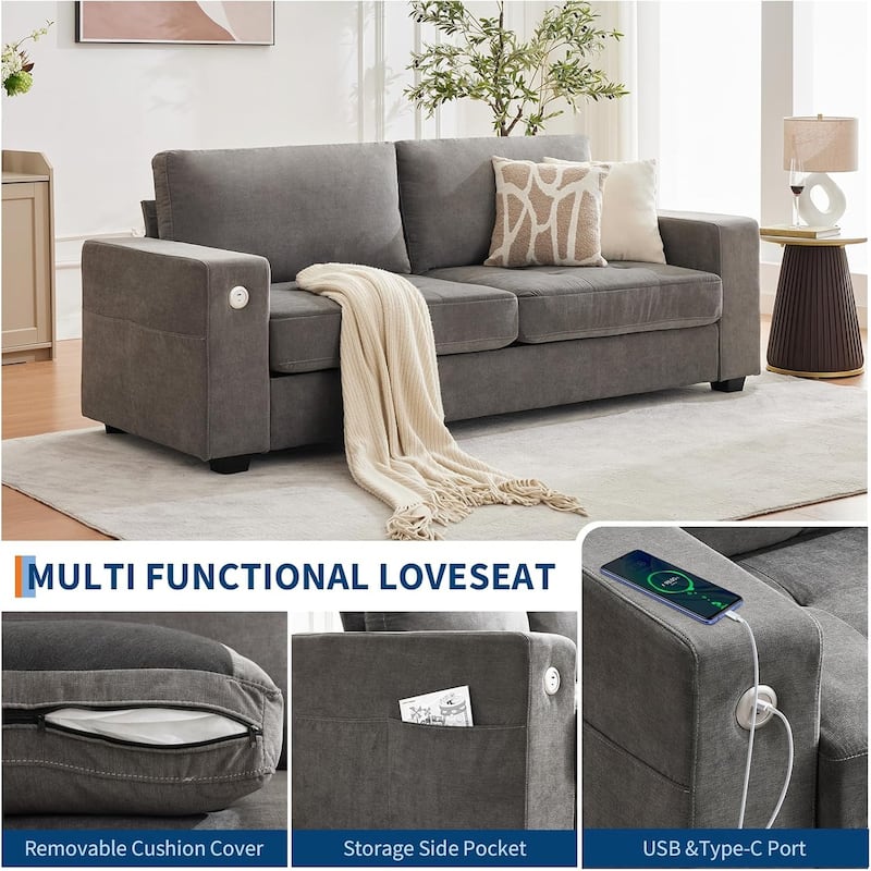 89" Versatile Contemporary Sectional Sofa In Chenille Fabric for Two with USB Charging Port and Side Storage Pocket,