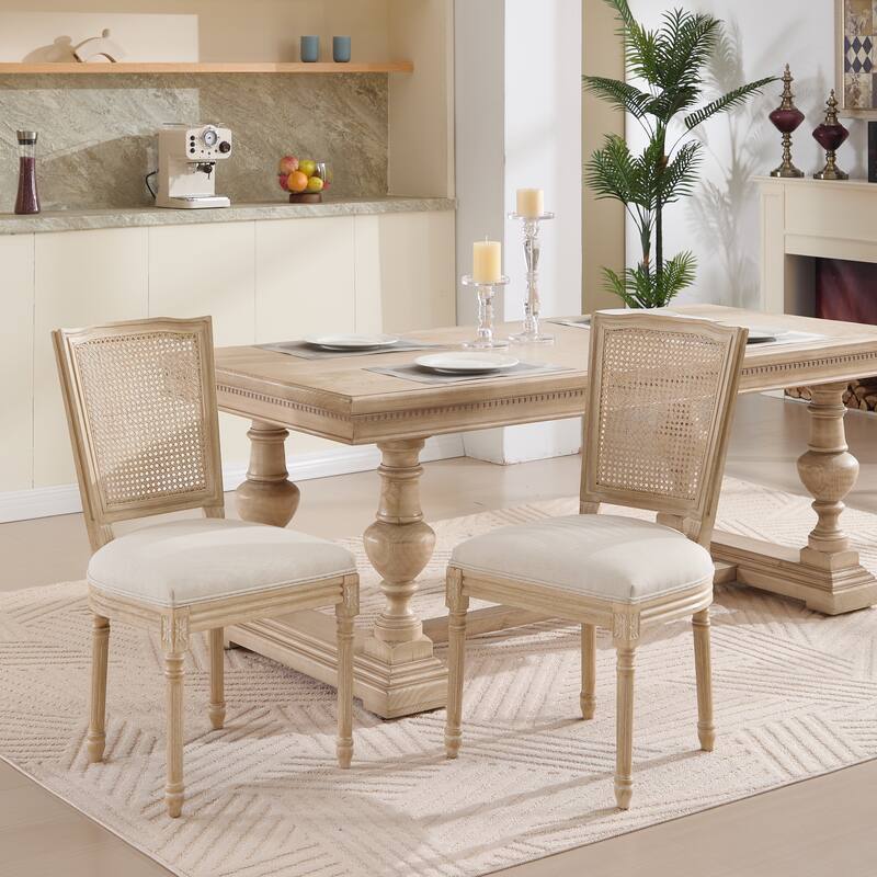 Dining Chairs Set of 2, Upholstered Chairs with Nature Rattan T-shaped Back, Wire Drawing and Carving Techniques,Disassemblable