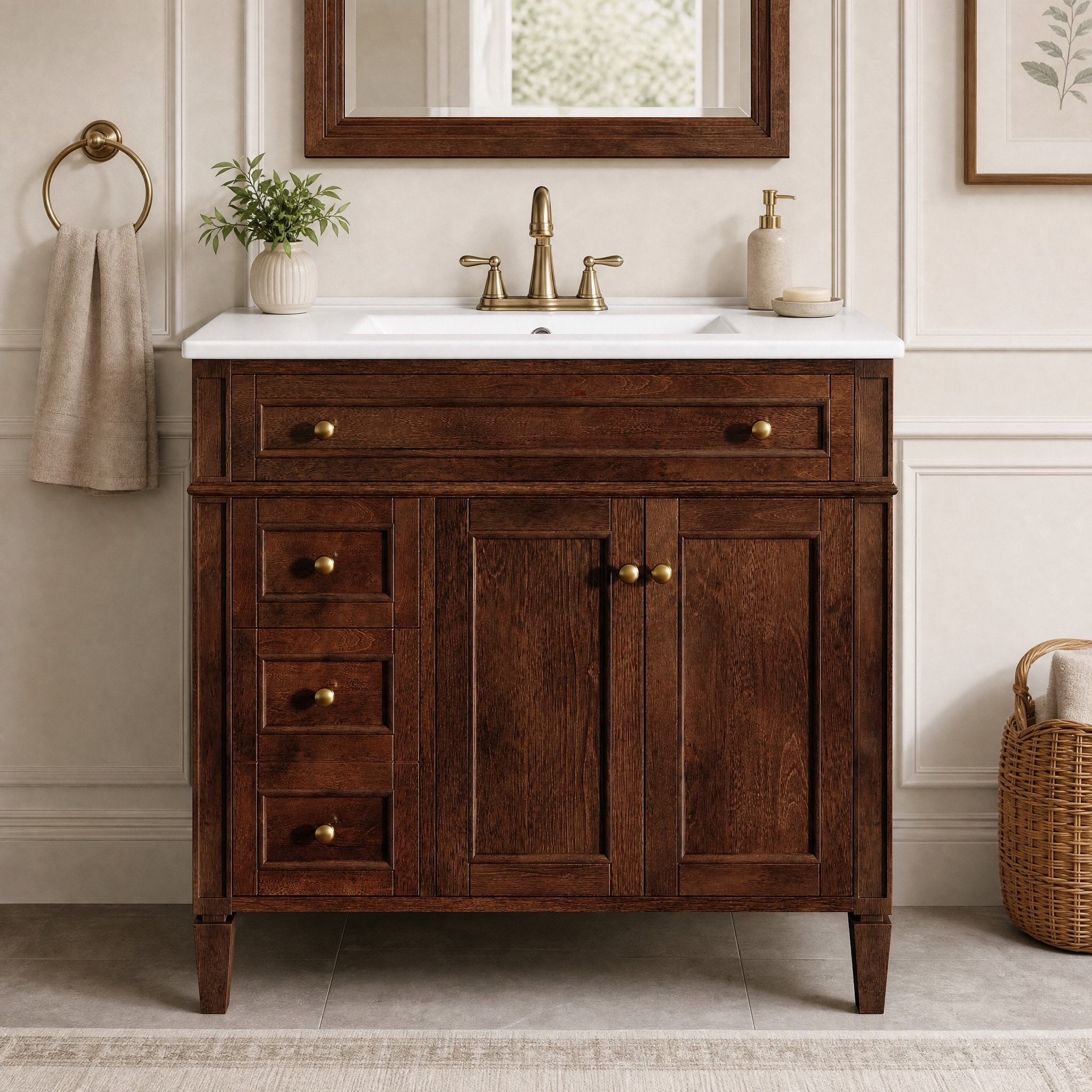 36" Freestanding Bathroom Vanity with Ceramic Basin, Soft-Close Hinges & Spacious Storage