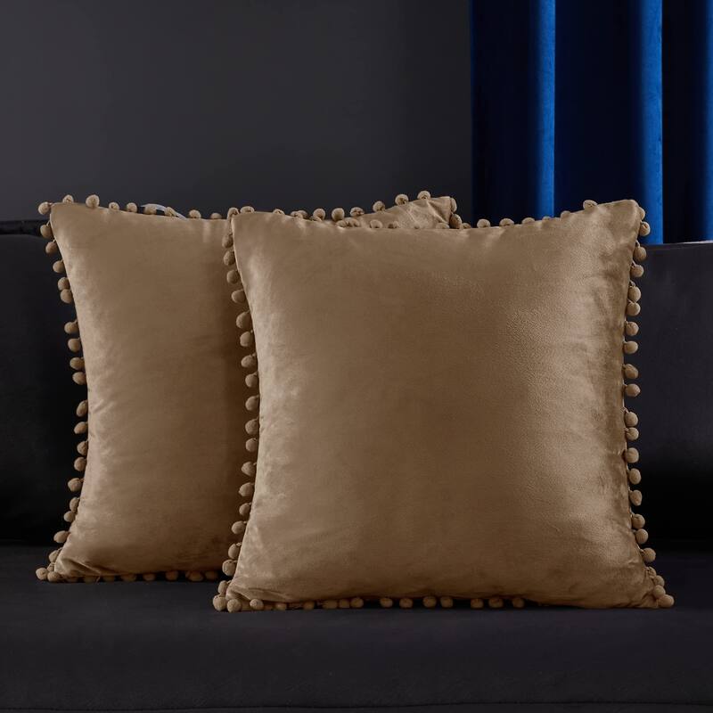 Deconovo Set of 4 Velvet Pom-Pom Pillow Covers Multiple Sizes - 12x20 Inch - Light Brown