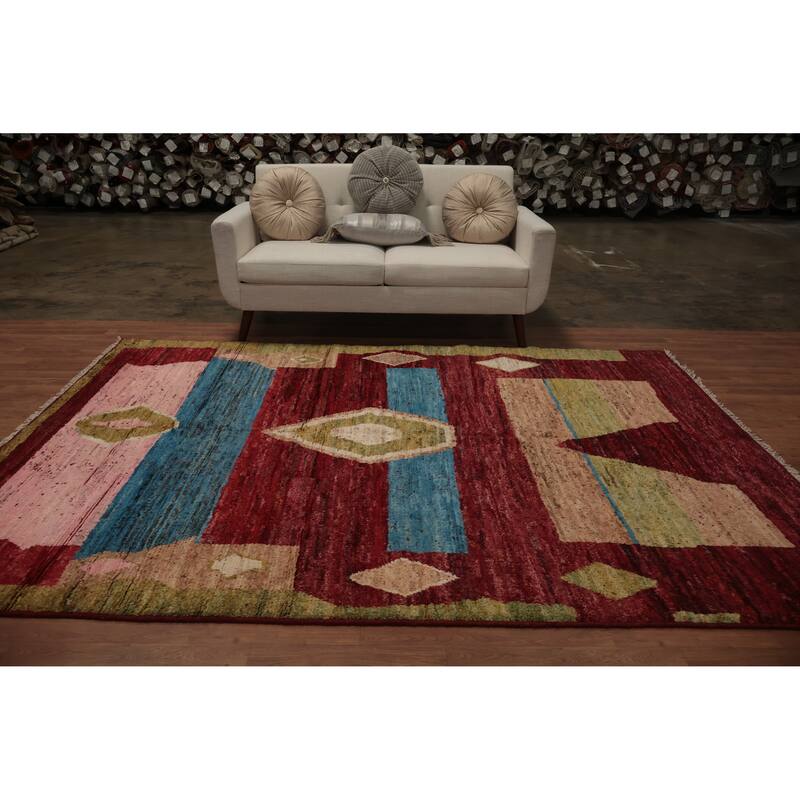 Hand Knotted Oriental 100% Wool Carpet Modern Tribal Red Moroccan Area Rug - 9' 2'' X 6' 6''