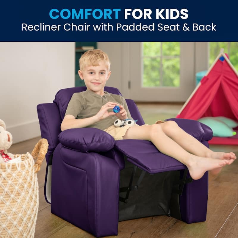 Deluxe Padded Contemporary Kids Recliner with Storage Arms
