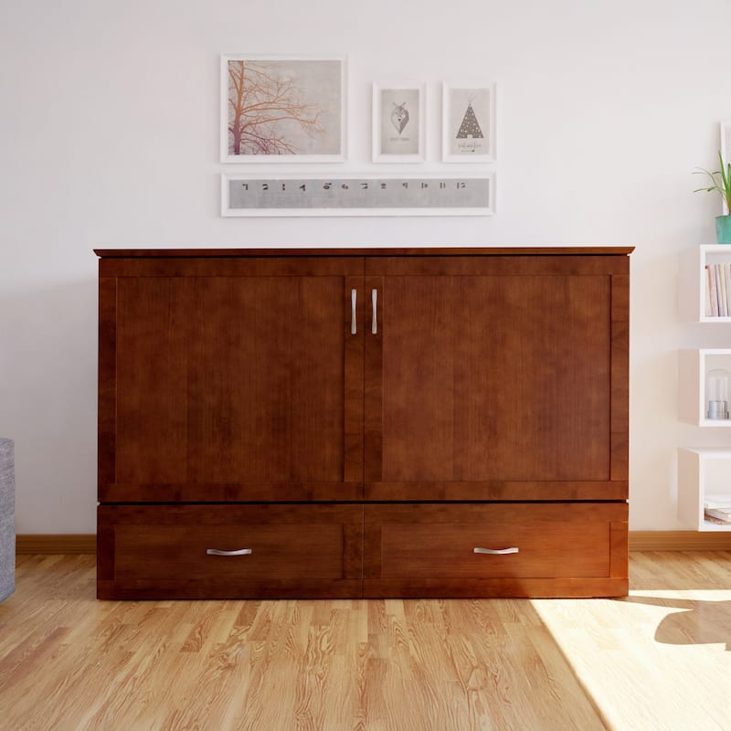 Hamilton Queen Murphy Bed Chest with 6" Mattress, Storage Drawer & Built-In Charger in Walnut