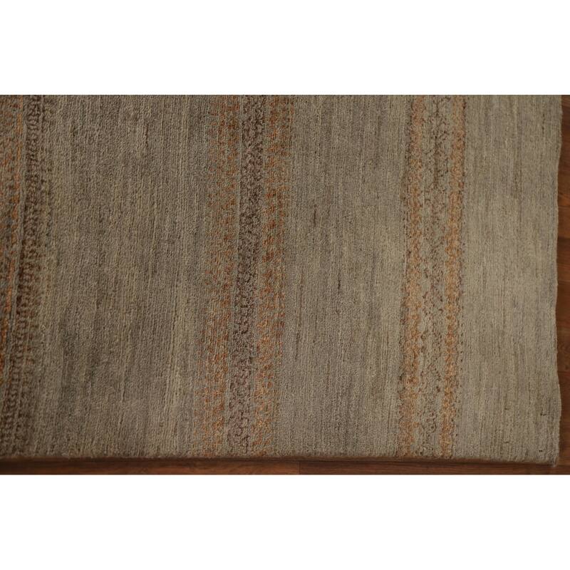 Hand Knotted Oriental 100% Wool Carpet Modern Stripe Greys & Charcoal Modern Runner Rug - 13' 3'' X 2' 7''
